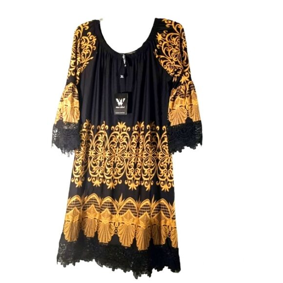White Mark Plus NWT Alta Gold Black Lace Trimmed Jersey Knit Shift Dress… - Picture 4 of 9
